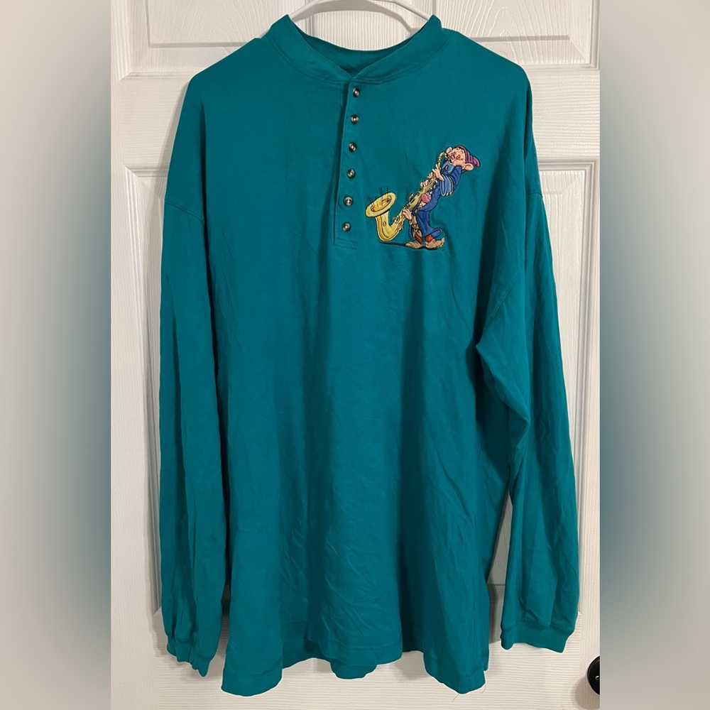 The Disney Store Long Sleeve Vintage 2xl Tshirt Green W/ Embroidery & Buttons